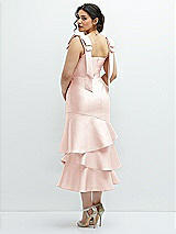 Front View Thumbnail - Blush Bow-Shoulder Satin Midi Dress with Asymmetrical Tiered Skirt