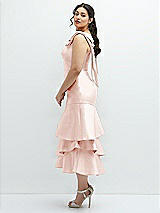 Side View Thumbnail - Blush Bow-Shoulder Satin Midi Dress with Asymmetrical Tiered Skirt