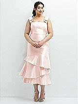 Rear View Thumbnail - Blush Bow-Shoulder Satin Midi Dress with Asymmetrical Tiered Skirt
