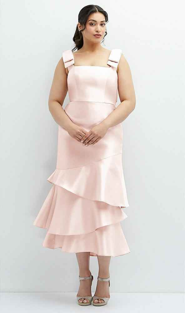Back View - Blush Bow-Shoulder Satin Midi Dress with Asymmetrical Tiered Skirt