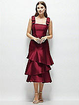 Alt View 1 Thumbnail - Burgundy Bow-Shoulder Satin Midi Dress with Asymmetrical Tiered Skirt