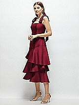 Alt View 2 Thumbnail - Burgundy Bow-Shoulder Satin Midi Dress with Asymmetrical Tiered Skirt