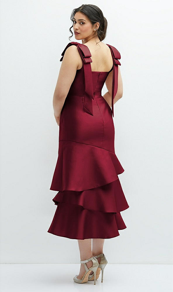 Front View - Burgundy Bow-Shoulder Satin Midi Dress with Asymmetrical Tiered Skirt