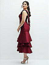 Side View Thumbnail - Burgundy Bow-Shoulder Satin Midi Dress with Asymmetrical Tiered Skirt