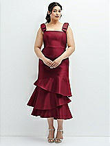 Rear View Thumbnail - Burgundy Bow-Shoulder Satin Midi Dress with Asymmetrical Tiered Skirt