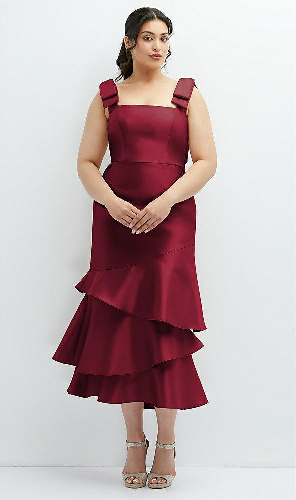 Back View - Burgundy Bow-Shoulder Satin Midi Dress with Asymmetrical Tiered Skirt