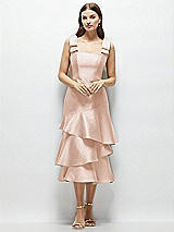 Alt View 1 Thumbnail - Cameo Bow-Shoulder Satin Midi Dress with Asymmetrical Tiered Skirt