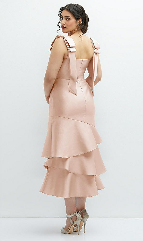 Front View - Cameo Bow-Shoulder Satin Midi Dress with Asymmetrical Tiered Skirt