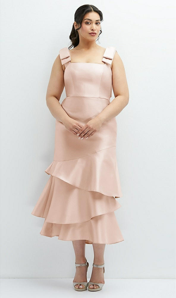 Back View - Cameo Bow-Shoulder Satin Midi Dress with Asymmetrical Tiered Skirt