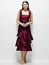 Alt View 1 Thumbnail - Cabernet Bow-Shoulder Satin Midi Dress with Asymmetrical Tiered Skirt