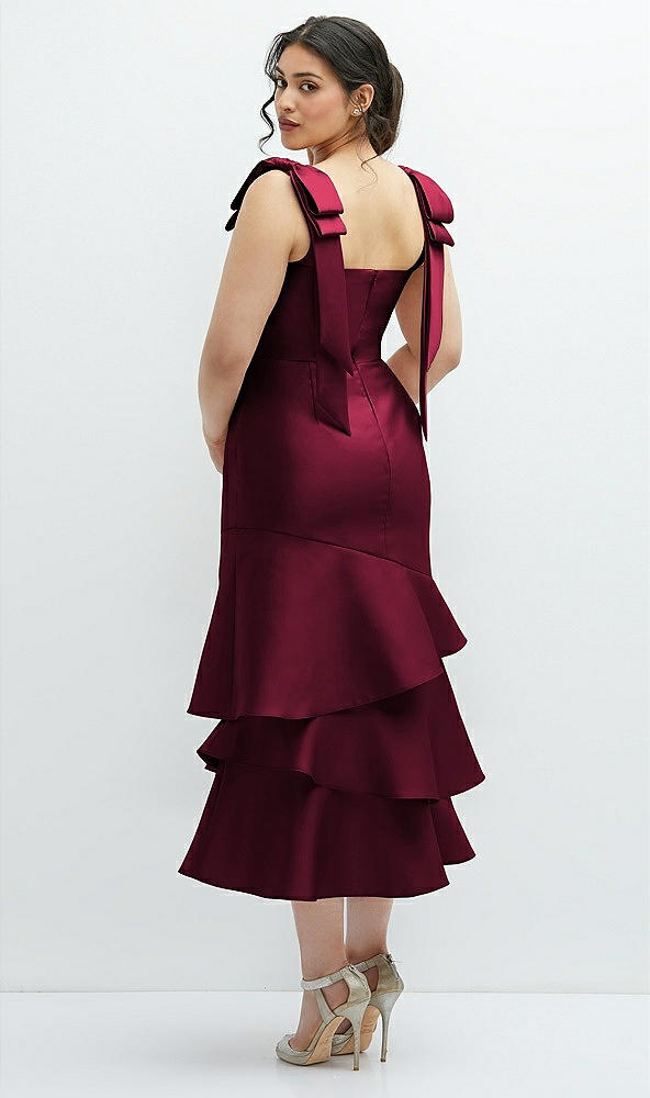 Front View - Cabernet Bow-Shoulder Satin Midi Dress with Asymmetrical Tiered Skirt
