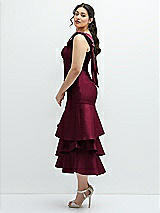 Side View Thumbnail - Cabernet Bow-Shoulder Satin Midi Dress with Asymmetrical Tiered Skirt