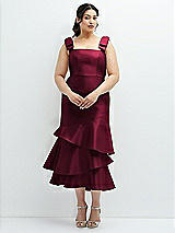 Rear View Thumbnail - Cabernet Bow-Shoulder Satin Midi Dress with Asymmetrical Tiered Skirt