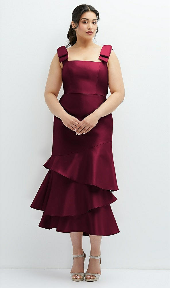 Back View - Cabernet Bow-Shoulder Satin Midi Dress with Asymmetrical Tiered Skirt