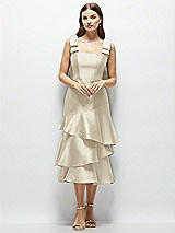 Alt View 1 Thumbnail - Champagne Bow-Shoulder Satin Midi Dress with Asymmetrical Tiered Skirt