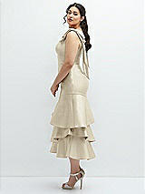 Side View Thumbnail - Champagne Bow-Shoulder Satin Midi Dress with Asymmetrical Tiered Skirt