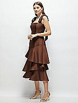 Alt View 2 Thumbnail - Cognac Bow-Shoulder Satin Midi Dress with Asymmetrical Tiered Skirt