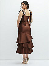 Front View Thumbnail - Cognac Bow-Shoulder Satin Midi Dress with Asymmetrical Tiered Skirt
