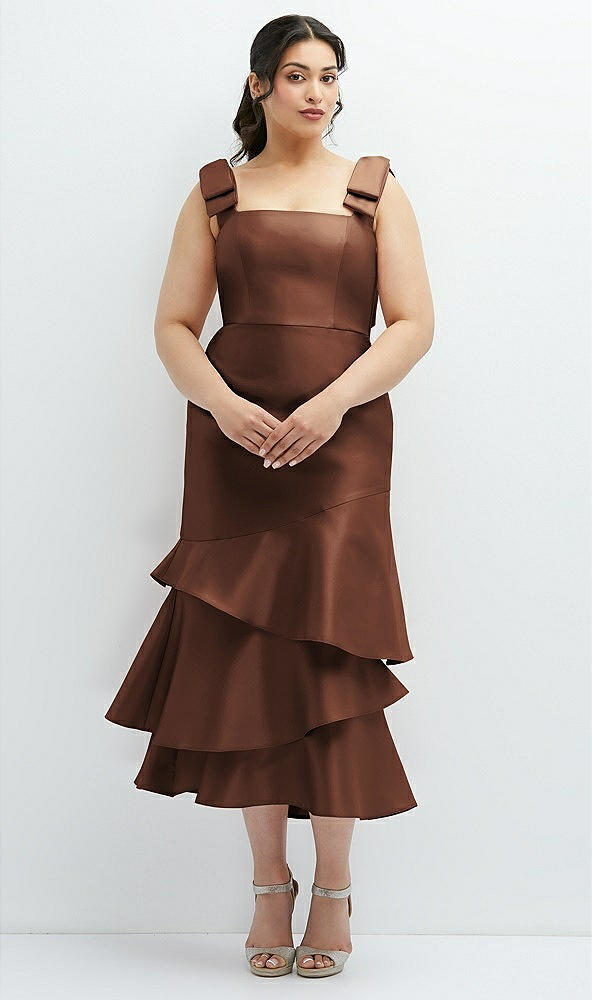Back View - Cognac Bow-Shoulder Satin Midi Dress with Asymmetrical Tiered Skirt