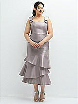 Rear View Thumbnail - Cashmere Gray Bow-Shoulder Satin Midi Dress with Asymmetrical Tiered Skirt