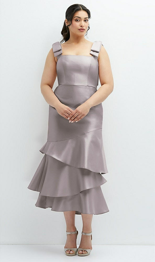 Back View - Cashmere Gray Bow-Shoulder Satin Midi Dress with Asymmetrical Tiered Skirt