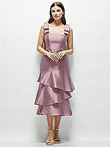 Alt View 1 Thumbnail - Dusty Rose Bow-Shoulder Satin Midi Dress with Asymmetrical Tiered Skirt
