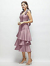 Alt View 2 Thumbnail - Dusty Rose Bow-Shoulder Satin Midi Dress with Asymmetrical Tiered Skirt
