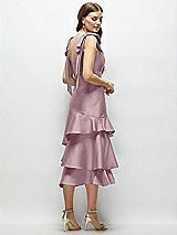 Alt View 3 Thumbnail - Dusty Rose Bow-Shoulder Satin Midi Dress with Asymmetrical Tiered Skirt
