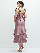 Front View Thumbnail - Dusty Rose Bow-Shoulder Satin Midi Dress with Asymmetrical Tiered Skirt