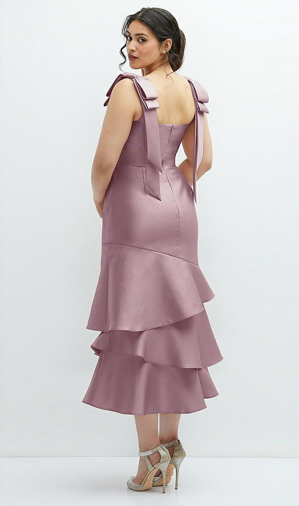 Front View - Dusty Rose Bow-Shoulder Satin Midi Dress with Asymmetrical Tiered Skirt