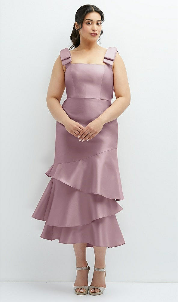 Back View - Dusty Rose Bow-Shoulder Satin Midi Dress with Asymmetrical Tiered Skirt