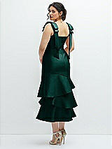 Front View Thumbnail - Evergreen Bow-Shoulder Satin Midi Dress with Asymmetrical Tiered Skirt