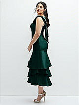 Side View Thumbnail - Evergreen Bow-Shoulder Satin Midi Dress with Asymmetrical Tiered Skirt