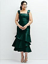 Rear View Thumbnail - Evergreen Bow-Shoulder Satin Midi Dress with Asymmetrical Tiered Skirt