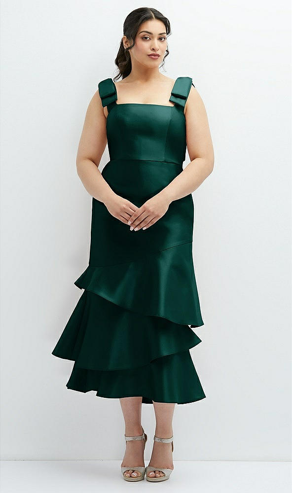 Back View - Evergreen Bow-Shoulder Satin Midi Dress with Asymmetrical Tiered Skirt