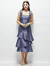 Alt View 1 Thumbnail - French Blue Bow-Shoulder Satin Midi Dress with Asymmetrical Tiered Skirt