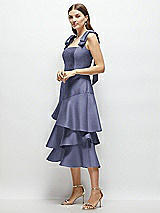 Alt View 2 Thumbnail - French Blue Bow-Shoulder Satin Midi Dress with Asymmetrical Tiered Skirt