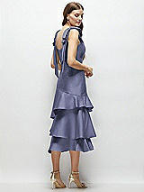 Alt View 3 Thumbnail - French Blue Bow-Shoulder Satin Midi Dress with Asymmetrical Tiered Skirt