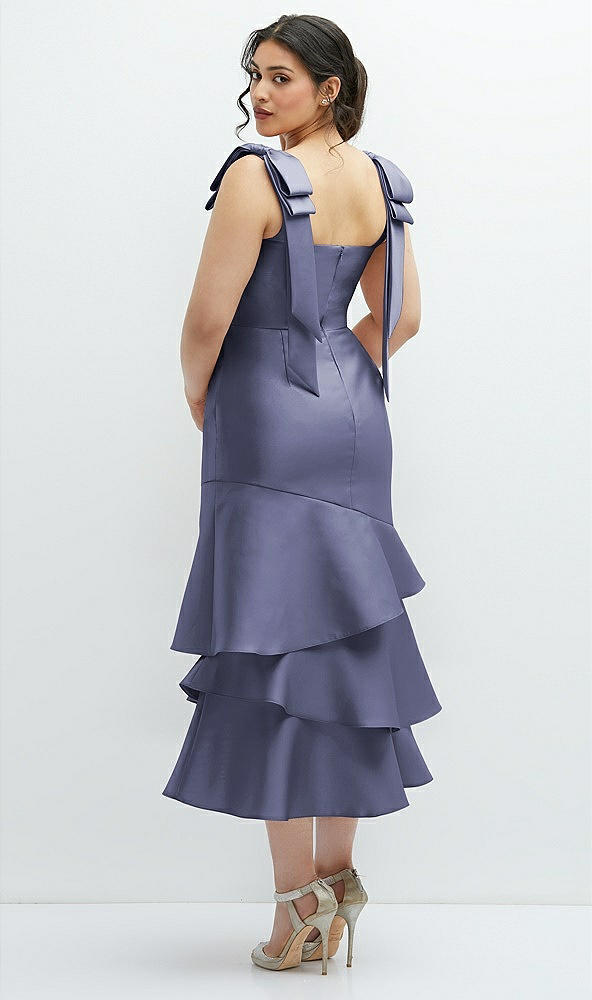 Front View - French Blue Bow-Shoulder Satin Midi Dress with Asymmetrical Tiered Skirt