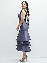 Side View Thumbnail - French Blue Bow-Shoulder Satin Midi Dress with Asymmetrical Tiered Skirt