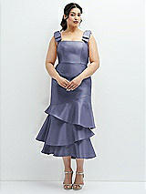 Rear View Thumbnail - French Blue Bow-Shoulder Satin Midi Dress with Asymmetrical Tiered Skirt