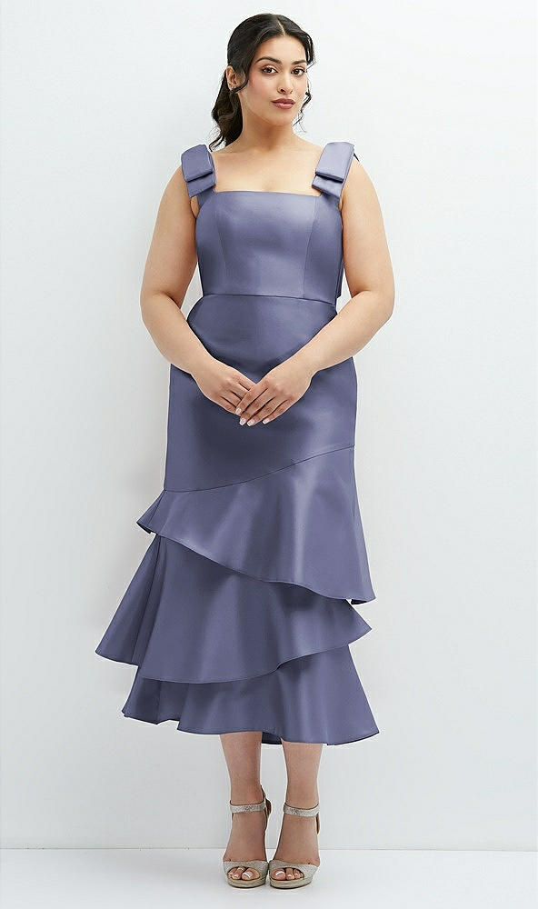Back View - French Blue Bow-Shoulder Satin Midi Dress with Asymmetrical Tiered Skirt