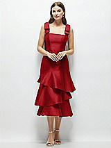 Alt View 1 Thumbnail - Garnet Bow-Shoulder Satin Midi Dress with Asymmetrical Tiered Skirt