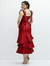 Front View Thumbnail - Garnet Bow-Shoulder Satin Midi Dress with Asymmetrical Tiered Skirt