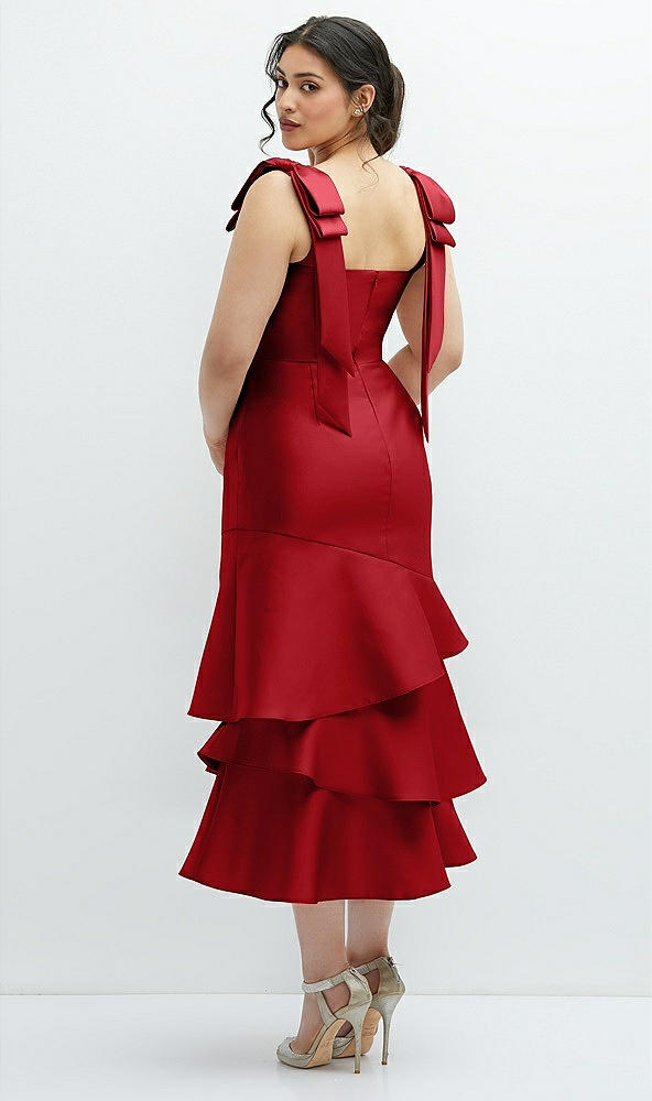 Front View - Garnet Bow-Shoulder Satin Midi Dress with Asymmetrical Tiered Skirt
