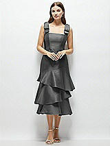 Alt View 1 Thumbnail - Gunmetal Bow-Shoulder Satin Midi Dress with Asymmetrical Tiered Skirt