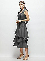 Alt View 2 Thumbnail - Gunmetal Bow-Shoulder Satin Midi Dress with Asymmetrical Tiered Skirt