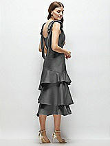 Alt View 3 Thumbnail - Gunmetal Bow-Shoulder Satin Midi Dress with Asymmetrical Tiered Skirt