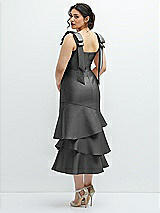 Front View Thumbnail - Gunmetal Bow-Shoulder Satin Midi Dress with Asymmetrical Tiered Skirt