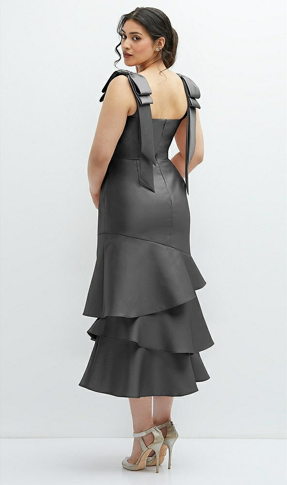 Front View - Gunmetal Bow-Shoulder Satin Midi Dress with Asymmetrical Tiered Skirt
